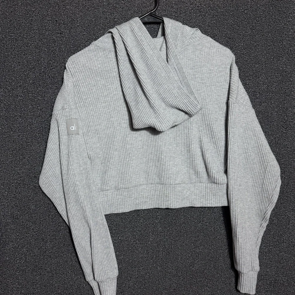 Alo Yoga Hoodie Womens XS Gray Ribbed Cropped Pullover Sweatshirt Lounge Top